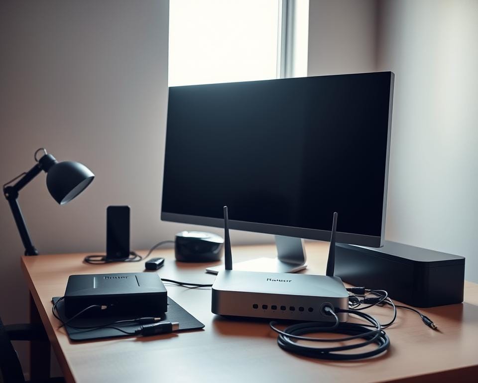A sleek and modern home office setup with a desk, computer, and IPTV installation equipment. The desk is clean and organized, with a high-quality monitor, a professional-looking router, and a set of cables neatly arranged. Soft, diffused lighting from a window illuminates the scene, creating a warm and inviting atmosphere. The background features a minimalist, neutral-toned wall, adding to the sense of professionalism and attention to detail. The overall composition conveys the idea of a streamlined, efficient IPTV installation process, ready to provide a premium service experience. A sleek and modern home office setup with a desk, computer, and IPTV installation equipment. The desk is clean and organized, with a high-quality monitor, a professional-looking router, and a set of cables neatly arranged. Soft, diffused lighting from a window illuminates the scene, creating a warm and inviting atmosphere. The background features a minimalist, neutral-toned wall, adding to the sense of professionalism and attention to detail. The overall composition conveys the idea of a streamlined, efficient IPTV installation process, ready to provide a premium service experience.