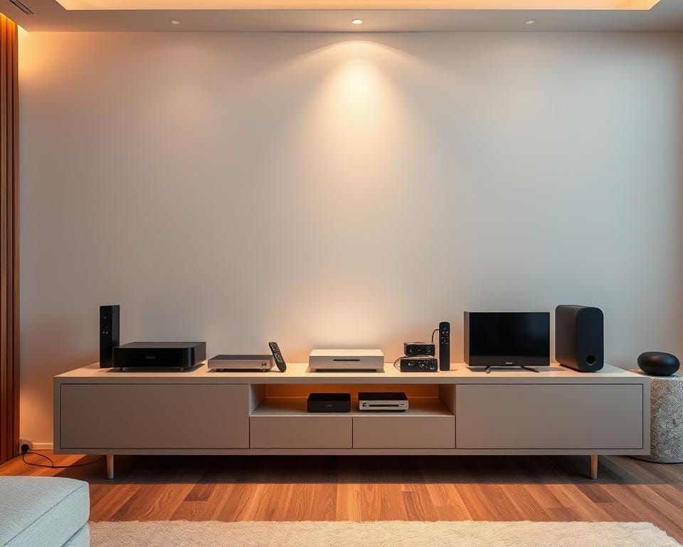 A sleek and modern living room interior with various streaming devices neatly arranged on a minimalist entertainment center. The devices are positioned to showcase their compatibility, with cables and connections seamlessly integrated into the clean, minimalist design. Warm, indirect lighting illuminates the scene, creating a cozy and inviting atmosphere. The room's neutral color palette and natural textures, such as wood and stone, complement the high-tech devices, emphasizing the harmony between technology and home decor. The arrangement conveys a sense of efficiency, organization, and the ability to access a wide range of entertainment options from a single, cohesive setup. A sleek and modern living room interior with various streaming devices neatly arranged on a minimalist entertainment center. The devices are positioned to showcase their compatibility, with cables and connections seamlessly integrated into the clean, minimalist design. Warm, indirect lighting illuminates the scene, creating a cozy and inviting atmosphere. The room's neutral color palette and natural textures, such as wood and stone, complement the high-tech devices, emphasizing the harmony between technology and home decor. The arrangement conveys a sense of efficiency, organization, and the ability to access a wide range of entertainment options from a single, cohesive setup.