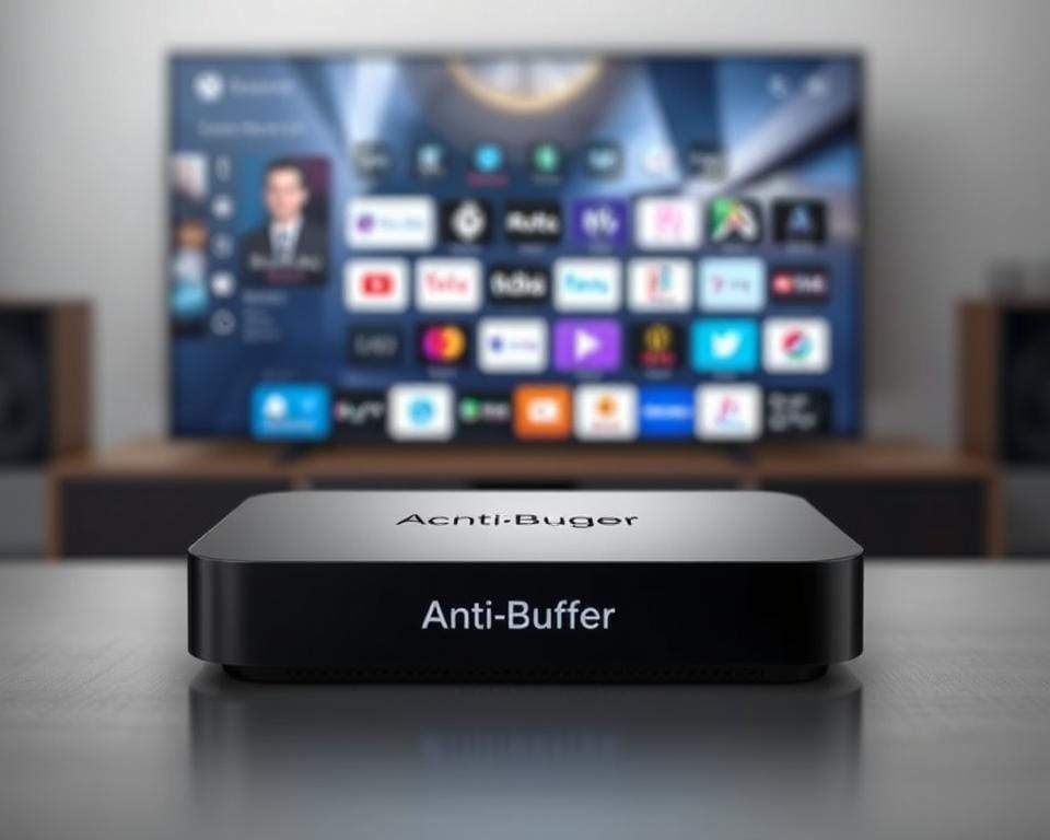 A sleek and modern streaming device with a minimalist design, showcasing the "Technologie AntiBuffer" logo prominently. The device is positioned in the foreground, with a soft and diffused lighting that highlights its clean lines and glossy finish. In the middle ground, a dynamic interface displays various streaming service icons, hinting at the device's versatility. The background is blurred, creating a sense of depth and emphasizing the technological focus. The overall mood is one of sophistication and efficiency, conveying the reliability and performance of the "Technologie AntiBuffer" streaming solution. A sleek and modern streaming device with a minimalist design, showcasing the "Technologie AntiBuffer" logo prominently. The device is positioned in the foreground, with a soft and diffused lighting that highlights its clean lines and glossy finish. In the middle ground, a dynamic interface displays various streaming service icons, hinting at the device's versatility. The background is blurred, creating a sense of depth and emphasizing the technological focus. The overall mood is one of sophistication and efficiency, conveying the reliability and performance of the "Technologie AntiBuffer" streaming solution.