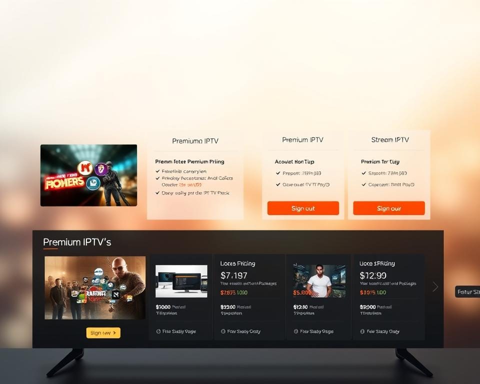 A sleek and modern subscription streaming service interface, showcasing various premium IPTV TV plans and packages. The foreground features a clean, minimalist design with large, high-quality icons representing different content categories and subscription tiers. The middle ground displays detailed pricing information, feature comparisons, and call-to-action buttons for signing up. The background is a soft, blurred gradient in muted, sophisticated colors, creating a premium, elegant atmosphere. Bright, natural lighting illuminates the scene, highlighting the sharp, high-resolution visuals and creating a sense of clarity and approachability. The overall composition conveys a premium, user-friendly experience for discovering and subscribing to the IPTV TV service. A sleek and modern subscription streaming service interface, showcasing various premium IPTV TV plans and packages. The foreground features a clean, minimalist design with large, high-quality icons representing different content categories and subscription tiers. The middle ground displays detailed pricing information, feature comparisons, and call-to-action buttons for signing up. The background is a soft, blurred gradient in muted, sophisticated colors, creating a premium, elegant atmosphere. Bright, natural lighting illuminates the scene, highlighting the sharp, high-resolution visuals and creating a sense of clarity and approachability. The overall composition conveys a premium, user-friendly experience for discovering and subscribing to the IPTV TV service.