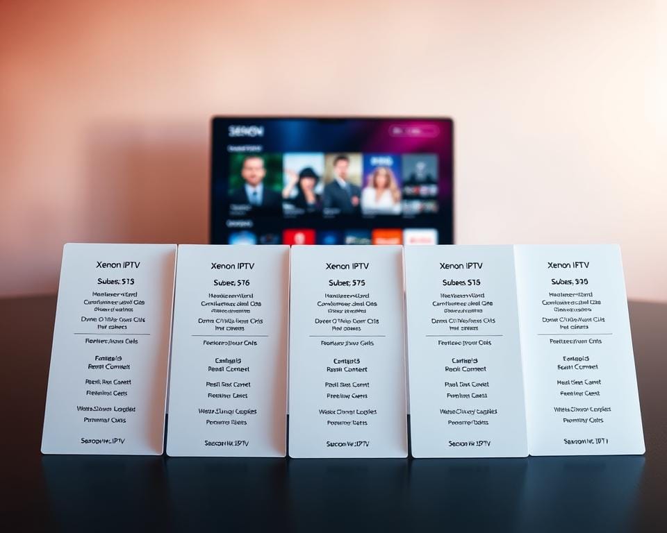 A sleek, minimalist design showcasing the subscription plans for Xenon IPTV. In the foreground, a series of clean, rectangular cards displaying the various subscription tiers, their features, and pricing. The cards are arranged in a grid, with a subtle gradient or pattern running through the background. In the middle ground, a laptop or tablet displays the Xenon IPTV interface, highlighting the premium content available. The overall scene is bathed in a soft, warm lighting, creating an inviting and professional atmosphere. The composition emphasizes simplicity, elegance, and the value proposition of the Xenon IPTV service. A sleek, minimalist design showcasing the subscription plans for Xenon IPTV. In the foreground, a series of clean, rectangular cards displaying the various subscription tiers, their features, and pricing. The cards are arranged in a grid, with a subtle gradient or pattern running through the background. In the middle ground, a laptop or tablet displays the Xenon IPTV interface, highlighting the premium content available. The overall scene is bathed in a soft, warm lighting, creating an inviting and professional atmosphere. The composition emphasizes simplicity, elegance, and the value proposition of the Xenon IPTV service.
