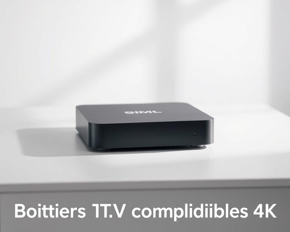 A sleek, modern 4K IPTV set-top box sits prominently on a minimalist white table, its clean lines and matte black finish conveying a sense of high-tech sophistication. Carefully positioned lighting casts subtle shadows, highlighting the device's elegant form and subtle textures. The box is presented against a softly blurred background, allowing the product to be the central focus. The overall scene emanates a sense of clarity, simplicity and technological advancement, perfectly capturing the essence of "Boîtiers IPTV Compatibles 4K" in a visually compelling manner.