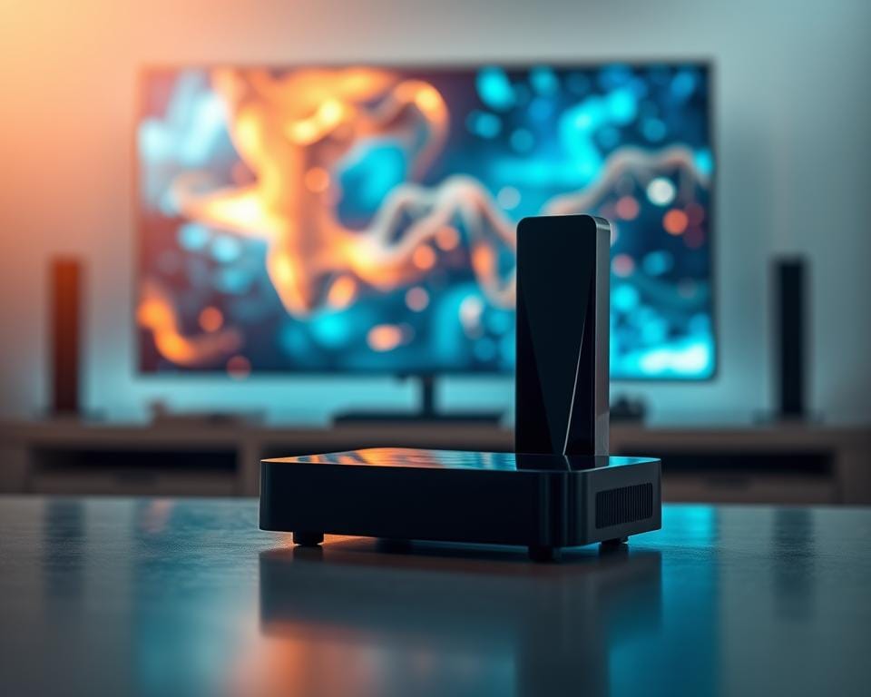 A sleek, modern IPTV box stands prominently in the foreground, its glossy black exterior reflecting the warm lighting that bathes the scene. In the middle ground, a crisp, high-definition television screen displays a vibrant, immersive visual experience, showcasing the power and clarity of the IPTV technology. The background is softly blurred, allowing the viewer to focus on the key features of the IPTV box and the captivating display. The overall composition conveys a sense of sophistication, technological advancement, and the superior entertainment experience offered by this IPTV solution. A sleek, modern IPTV box stands prominently in the foreground, its glossy black exterior reflecting the warm lighting that bathes the scene. In the middle ground, a crisp, high-definition television screen displays a vibrant, immersive visual experience, showcasing the power and clarity of the IPTV technology. The background is softly blurred, allowing the viewer to focus on the key features of the IPTV box and the captivating display. The overall composition conveys a sense of sophistication, technological advancement, and the superior entertainment experience offered by this IPTV solution.