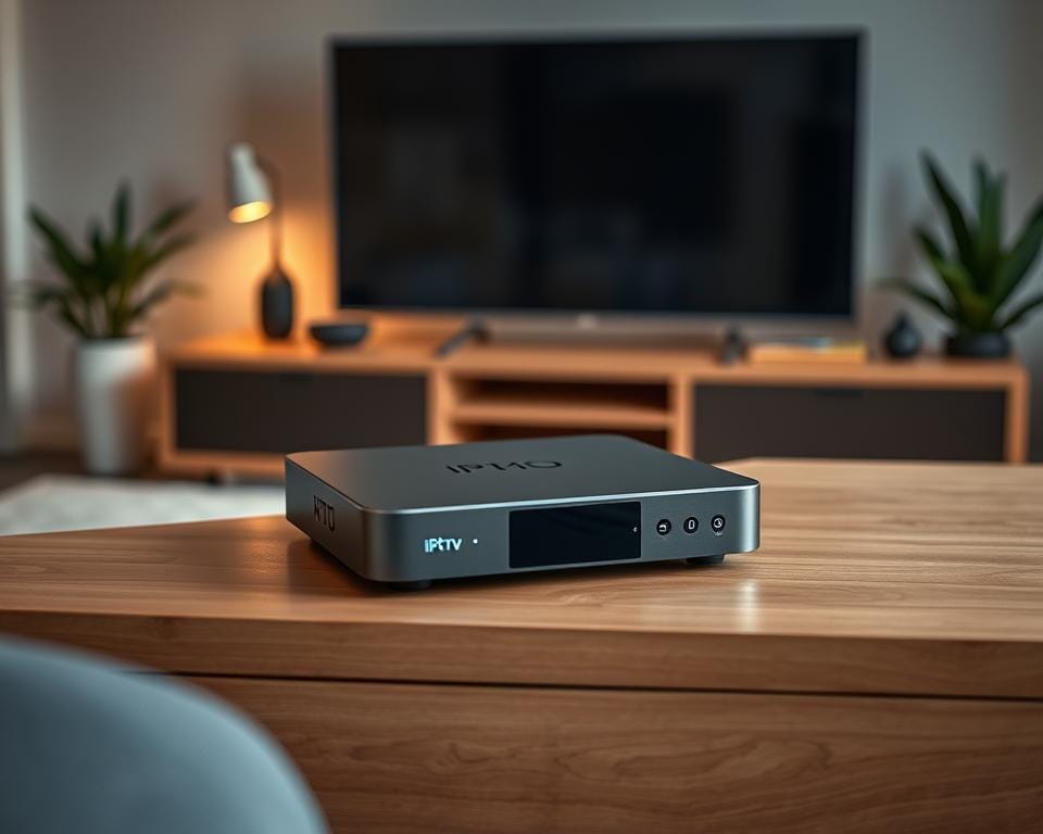 A sleek, modern IPTV set-top box prominently displayed in a well-lit, minimalist home entertainment setup. The device sits atop a modern, wood-grain media console, surrounded by strategically placed home decor elements like plants and ambient lighting. The scene evokes a sense of sophistication and effortless integration of technology into a comfortable living space. The box features clean lines, a matte finish, and discreet LED indicators, conveying a premium, high-tech aesthetic. The camera captures the device from a slightly low angle, emphasizing its streamlined design and placing it as the focal point of the composition. A sleek, modern IPTV set-top box prominently displayed in a well-lit, minimalist home entertainment setup. The device sits atop a modern, wood-grain media console, surrounded by strategically placed home decor elements like plants and ambient lighting. The scene evokes a sense of sophistication and effortless integration of technology into a comfortable living space. The box features clean lines, a matte finish, and discreet LED indicators, conveying a premium, high-tech aesthetic. The camera captures the device from a slightly low angle, emphasizing its streamlined design and placing it as the focal point of the composition.