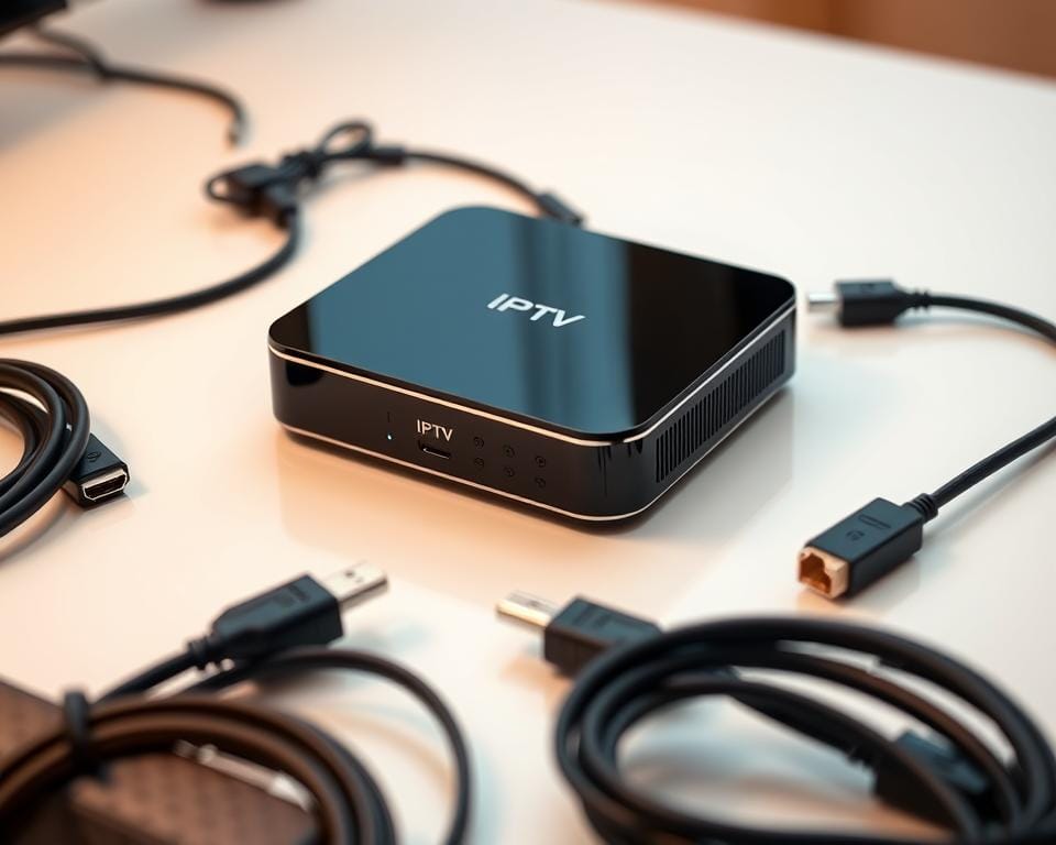 A sleek, modern IPTV set-top box rests on a clean, minimalist table. The device features a glossy black exterior with subtle silver accents, giving it a premium, high-tech appearance. Arranged around the box are various cables and connectors, including HDMI, Ethernet, and power, hinting at its versatile connectivity options. The lighting is soft and diffused, creating a warm, inviting atmosphere that complements the sophisticated design of the IPTV box. The image captures the essential elements of an IPTV device, showcasing its key features and emphasizing its role as the centerpiece of a modern home entertainment setup. A sleek, modern IPTV set-top box rests on a clean, minimalist table. The device features a glossy black exterior with subtle silver accents, giving it a premium, high-tech appearance. Arranged around the box are various cables and connectors, including HDMI, Ethernet, and power, hinting at its versatile connectivity options. The lighting is soft and diffused, creating a warm, inviting atmosphere that complements the sophisticated design of the IPTV box. The image captures the essential elements of an IPTV device, showcasing its key features and emphasizing its role as the centerpiece of a modern home entertainment setup.