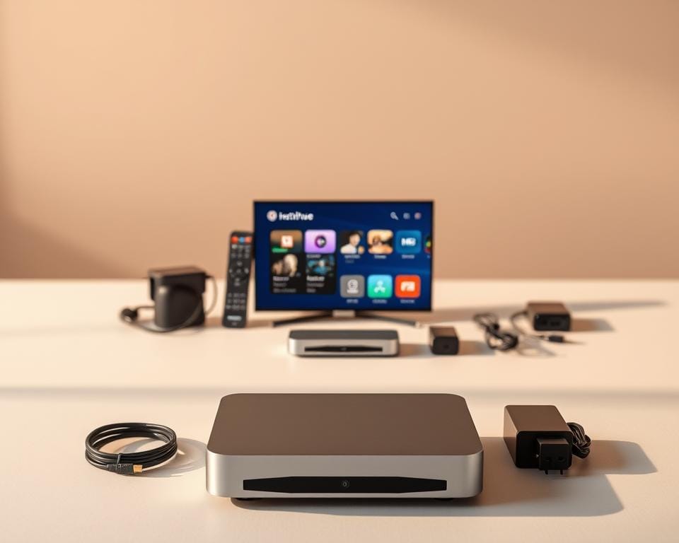 A sleek, modern IPTV set-top box takes center stage, its clean lines and subtle grey hues conveying a sense of sophisticated technology. In the foreground, a crisp display showcases a user-friendly interface, highlighting the box's seamless integration with smart home devices and robust streaming capabilities. The middle ground features an array of peripherals - remote controls, HDMI cables, and power adapters - all neatly organized, emphasizing the box's versatility and ease of setup. The background subtly blends with the overall minimalist aesthetic, creating a sense of balance and harmony. Warm, natural lighting casts a gentle glow, lending an air of professionalism and quality to the scene. A sleek, modern IPTV set-top box takes center stage, its clean lines and subtle grey hues conveying a sense of sophisticated technology. In the foreground, a crisp display showcases a user-friendly interface, highlighting the box's seamless integration with smart home devices and robust streaming capabilities. The middle ground features an array of peripherals - remote controls, HDMI cables, and power adapters - all neatly organized, emphasizing the box's versatility and ease of setup. The background subtly blends with the overall minimalist aesthetic, creating a sense of balance and harmony. Warm, natural lighting casts a gentle glow, lending an air of professionalism and quality to the scene.