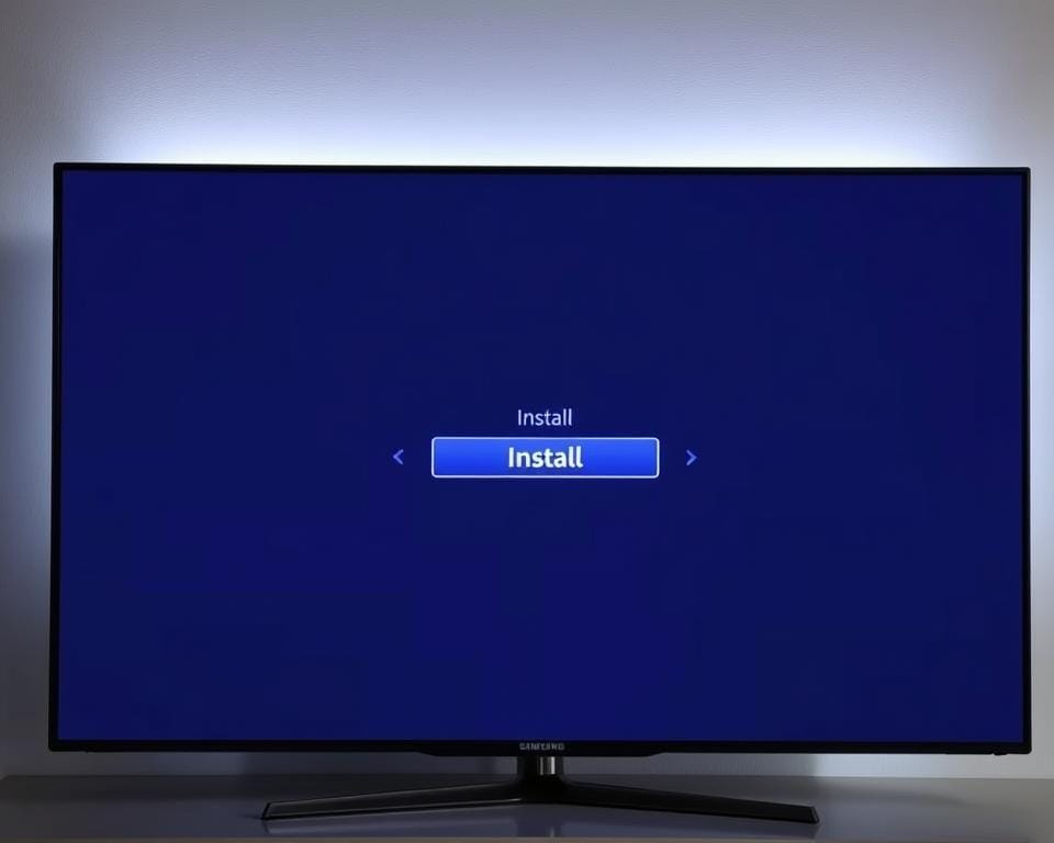 A sleek, modern Samsung Tizen smart TV screen with a focused close-up view of the installation application interface. The screen displays a clean, minimalist design with a prominent "Install" button and intuitive menu options. Soft, diffused lighting creates a subtle, ambient glow, highlighting the vivid colors and sharp details of the graphical elements. The TV is set against a slightly blurred, muted background, keeping the attention on the installation process. The overall composition conveys a sense of user-friendliness and seamless integration, reflecting the ease of setting up smart TV applications. A sleek, modern Samsung Tizen smart TV screen with a focused close-up view of the installation application interface. The screen displays a clean, minimalist design with a prominent "Install" button and intuitive menu options. Soft, diffused lighting creates a subtle, ambient glow, highlighting the vivid colors and sharp details of the graphical elements. The TV is set against a slightly blurred, muted background, keeping the attention on the installation process. The overall composition conveys a sense of user-friendliness and seamless integration, reflecting the ease of setting up smart TV applications.