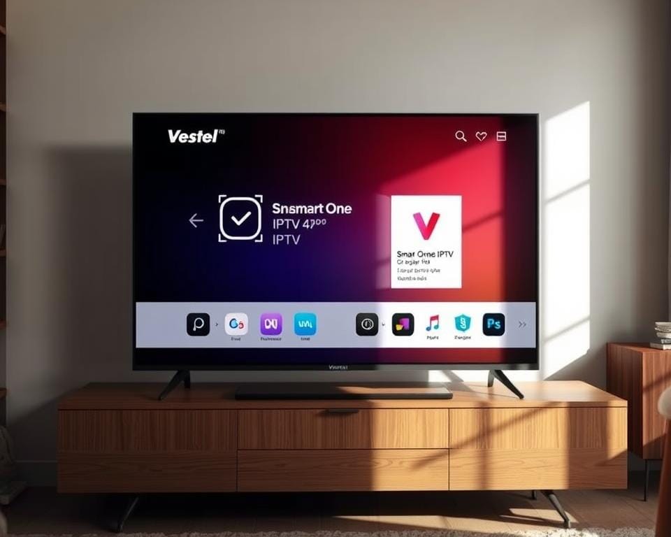 A sleek, modern Vestel smart TV display takes center stage, its crisp screen illuminated by soft, natural lighting. On the screen, an intuitive installation interface for the Smart One IPTV app is prominently featured, highlighting the seamless integration between the TV and the IPTV service. The TV stands atop a minimalist, wood-grain entertainment unit, complementing the clean, contemporary design aesthetic. The background subtly blends into a warm, inviting living room setting, with hints of cozy furniture and décor visible. The overall scene conveys a sense of effortless technology integration and user-friendly experience, perfectly suited for the "Installation sur TV Vestel" section of the article. A sleek, modern Vestel smart TV display takes center stage, its crisp screen illuminated by soft, natural lighting. On the screen, an intuitive installation interface for the Smart One IPTV app is prominently featured, highlighting the seamless integration between the TV and the IPTV service. The TV stands atop a minimalist, wood-grain entertainment unit, complementing the clean, contemporary design aesthetic. The background subtly blends into a warm, inviting living room setting, with hints of cozy furniture and décor visible. The overall scene conveys a sense of effortless technology integration and user-friendly experience, perfectly suited for the "Installation sur TV Vestel" section of the article.