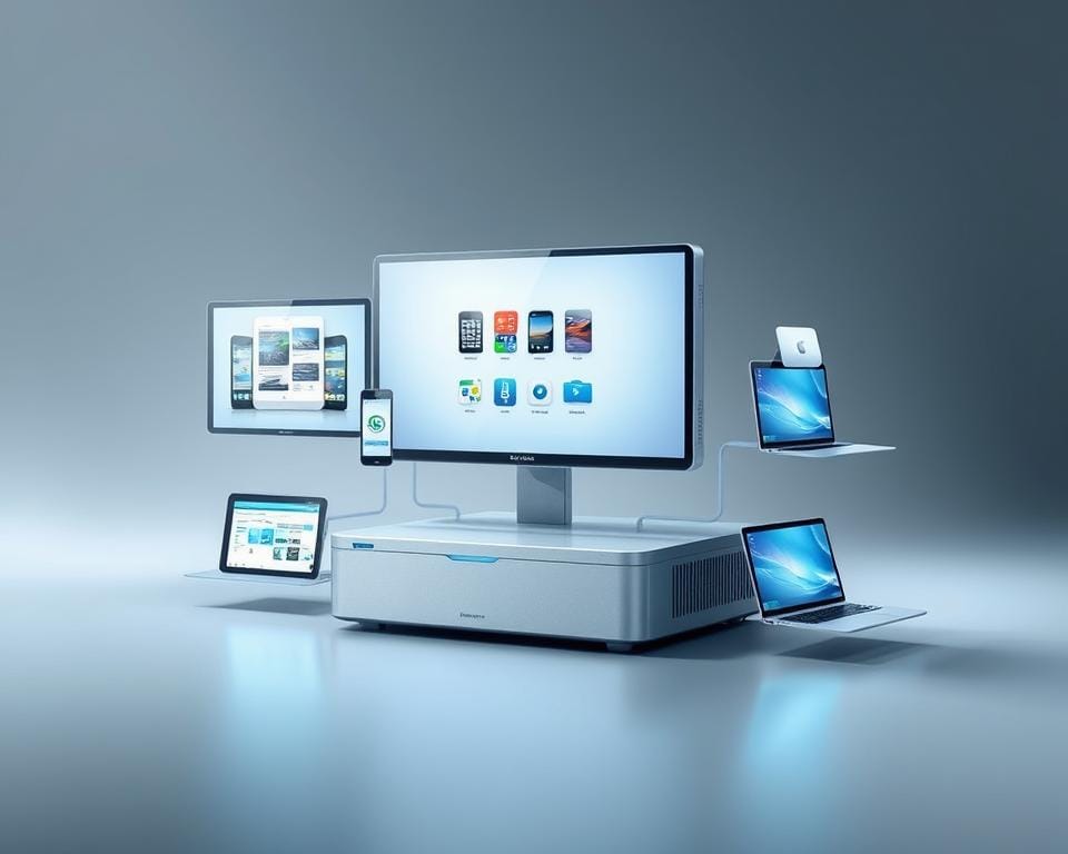 A sleek, modern device displaying various screens and interfaces, showcasing its multi-device compatibility. The device is rendered in a minimal, high-tech style with clean lines and a metallic finish. The screens display interconnected mobile devices, tablets, and laptops, highlighting the seamless integration across platforms. Soft, directional lighting illuminates the device, creating a sense of sophistication and technical prowess. The composition emphasizes the versatility and user-friendly nature of the multi-device compatibility feature, conveying a sense of efficiency and productivity.