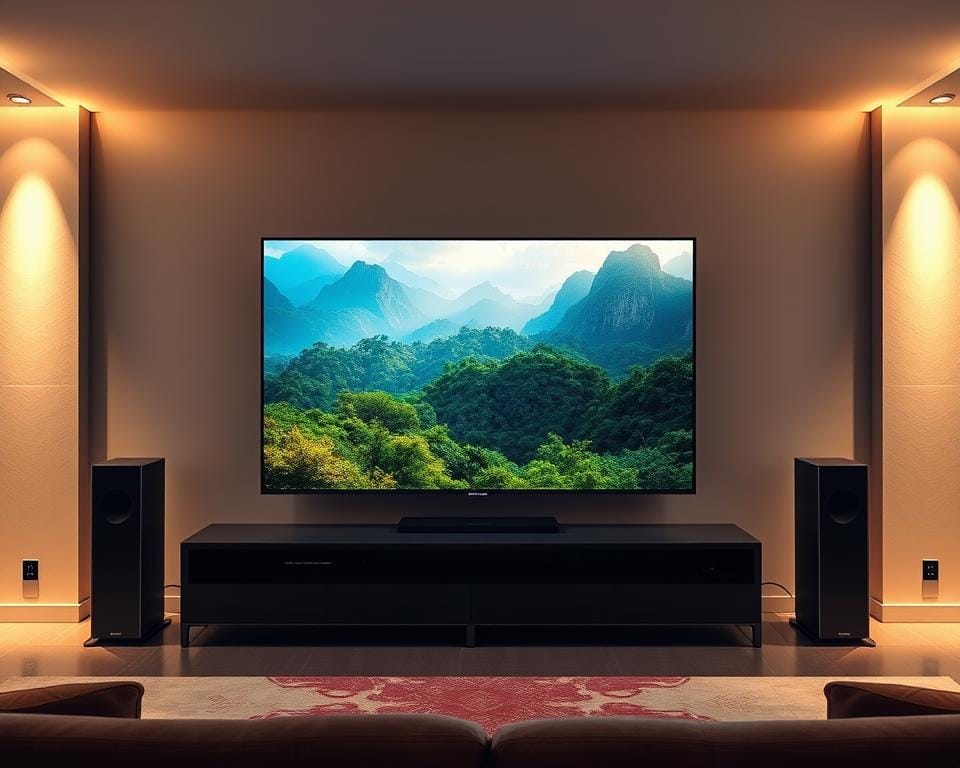 A sleek, modern living room with a large, high-definition television set taking center stage. The screen displays a vibrant, crystal-clear image, showcasing a nature documentary with lush, verdant landscapes and majestic wildlife. Soft, indirect lighting illuminates the room, creating a warm and inviting atmosphere. The television is flanked by high-end audio equipment, including sleek, minimalist speakers that deliver exceptional sound quality. The room is decorated with tasteful, contemporary furnishings, reflecting a sense of refinement and attention to detail. The overall scene conveys a feeling of immersive, cinematic viewing experience that truly brings the content to life. A sleek, modern living room with a large, high-definition television set taking center stage. The screen displays a vibrant, crystal-clear image, showcasing a nature documentary with lush, verdant landscapes and majestic wildlife. Soft, indirect lighting illuminates the room, creating a warm and inviting atmosphere. The television is flanked by high-end audio equipment, including sleek, minimalist speakers that deliver exceptional sound quality. The room is decorated with tasteful, contemporary furnishings, reflecting a sense of refinement and attention to detail. The overall scene conveys a feeling of immersive, cinematic viewing experience that truly brings the content to life.