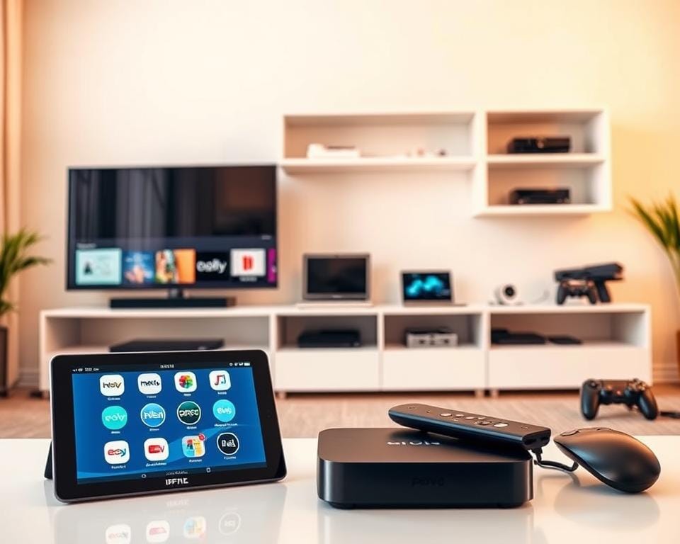 A sleek, modern room with various IPTV compatible devices showcased prominently. In the foreground, a high-end smart TV, streaming box, and tablet are neatly arranged, their screens displaying compatible app logos. The middle ground features a laptop, smartphone, and gaming console, all connected and working seamlessly with the IPTV service. The background has minimalist shelving with other smart home devices, creating an integrated, technologically advanced setup. Warm, natural lighting fills the space, highlighting the versatility and ease of use of the IPTV system. The overall mood is one of streamlined efficiency and compatibility across a range of devices. A sleek, modern room with various IPTV compatible devices showcased prominently. In the foreground, a high-end smart TV, streaming box, and tablet are neatly arranged, their screens displaying compatible app logos. The middle ground features a laptop, smartphone, and gaming console, all connected and working seamlessly with the IPTV service. The background has minimalist shelving with other smart home devices, creating an integrated, technologically advanced setup. Warm, natural lighting fills the space, highlighting the versatility and ease of use of the IPTV system. The overall mood is one of streamlined efficiency and compatibility across a range of devices.