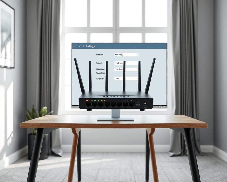 A sleek, well-designed network router setup in a modern, minimalist home office. The router is the focal point, sitting atop a simple wooden desk, with its ethernet ports and status lights clearly visible. The desk is positioned in front of a large window, allowing natural light to illuminate the scene. The room has a calming, professional atmosphere, with subtle grey tones and clean lines throughout. The router's MAC address configuration screen is displayed on a high-resolution monitor, providing a clear view of the settings. The overall composition emphasizes the importance of properly configuring a Room IPTV device for optimal home entertainment. A sleek, well-designed network router setup in a modern, minimalist home office. The router is the focal point, sitting atop a simple wooden desk, with its ethernet ports and status lights clearly visible. The desk is positioned in front of a large window, allowing natural light to illuminate the scene. The room has a calming, professional atmosphere, with subtle grey tones and clean lines throughout. The router's MAC address configuration screen is displayed on a high-resolution monitor, providing a clear view of the settings. The overall composition emphasizes the importance of properly configuring a Room IPTV device for optimal home entertainment.