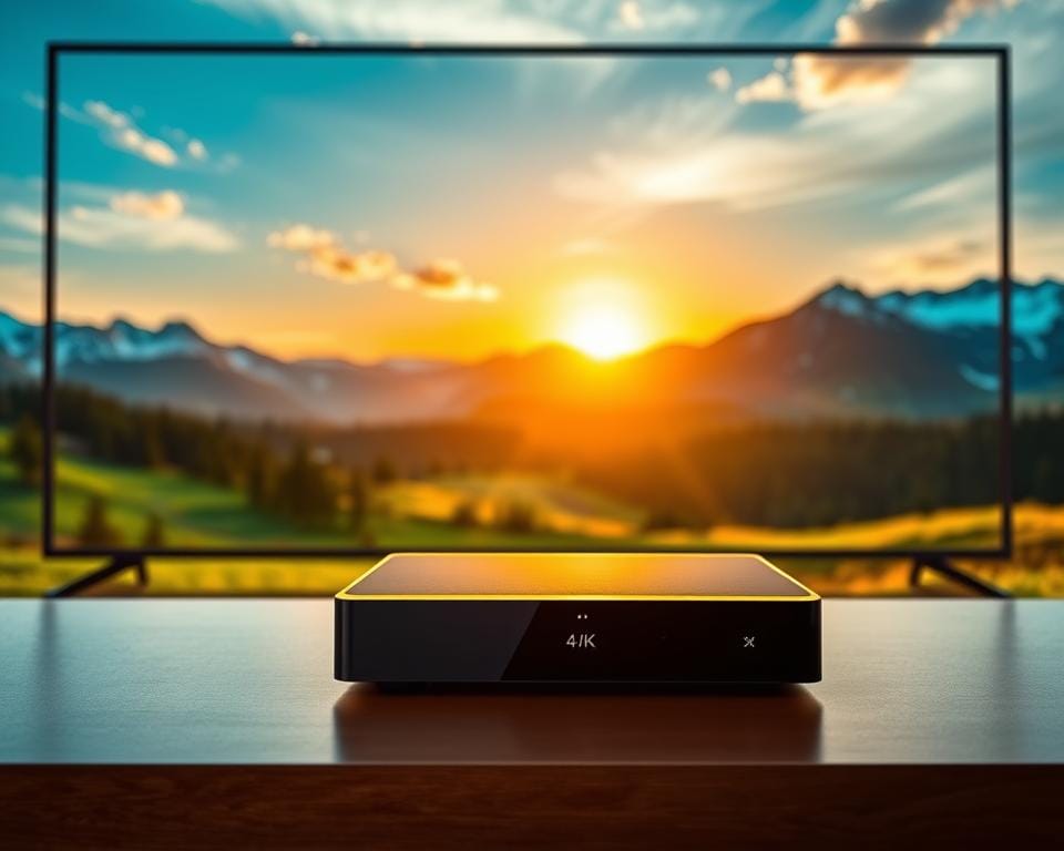 A stunning 4K Ultra HD landscape depicting the exceptional benefits of IPTV in vivid detail. In the foreground, a sharp, crystal-clear image of a 4K television screen showcases vibrant, lifelike colors and exquisite detail. The middle ground features a sleek, modern IPTV set-top box emitting a warm, ambient glow. In the background, a serene, picturesque vista unfolds with lush greenery, snow-capped mountains, and a radiant, golden sunset illuminating the scene. The lighting is soft and natural, creating a sense of depth and dimension. The composition is balanced and visually appealing, inviting the viewer to immerse themselves in the exceptional 4K Ultra HD viewing experience.