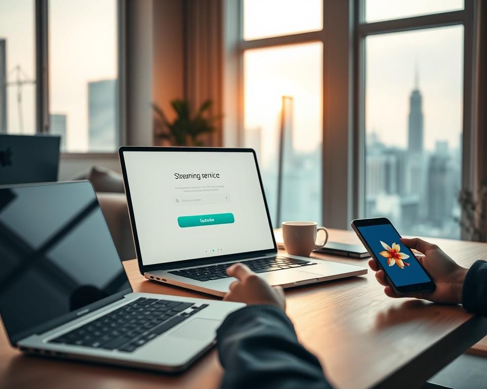 A stylish, modern home office interior with a laptop, tablet, and smartphone on a minimalist wood desk. Soft, warm lighting illuminates the scene, creating a cozy, productive atmosphere. The foreground features an open laptop displaying a streaming service activation screen, with sleek UI elements and a large "Subscribe" button. In the middle ground, a hand holding a smartphone navigates a mobile streaming app. The background showcases floor-to-ceiling windows overlooking a city skyline, emphasizing the modern, connected lifestyle. A stylish, modern home office interior with a laptop, tablet, and smartphone on a minimalist wood desk. Soft, warm lighting illuminates the scene, creating a cozy, productive atmosphere. The foreground features an open laptop displaying a streaming service activation screen, with sleek UI elements and a large "Subscribe" button. In the middle ground, a hand holding a smartphone navigates a mobile streaming app. The background showcases floor-to-ceiling windows overlooking a city skyline, emphasizing the modern, connected lifestyle.