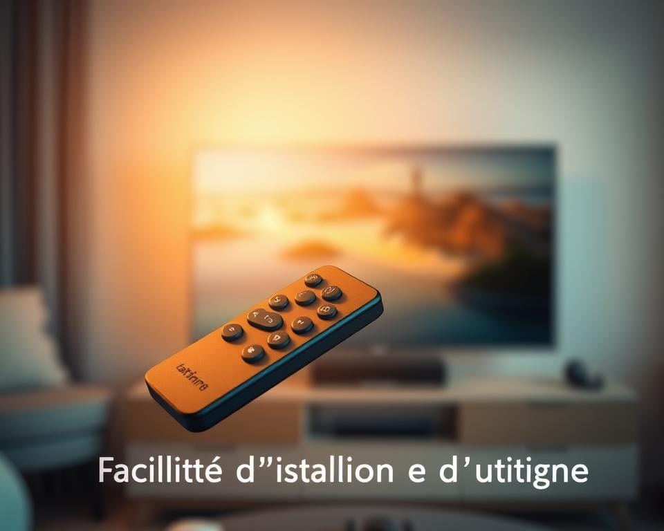 A user-friendly remote control floating in the foreground, its sleek design and intuitive buttons inviting interaction. In the middle ground, a modern entertainment setup - a smart TV and streaming device, showcasing the seamless integration of technology. The background softly blurred, emphasizing the focus on the simple and effortless controls. Warm, diffused lighting creates a cozy, inviting atmosphere, reflecting the ease of use. The overall composition conveys the accessibility and convenience of the remote, perfectly complementing the section title "Facilité d'installation et d'utilisation". A user-friendly remote control floating in the foreground, its sleek design and intuitive buttons inviting interaction. In the middle ground, a modern entertainment setup - a smart TV and streaming device, showcasing the seamless integration of technology. The background softly blurred, emphasizing the focus on the simple and effortless controls. Warm, diffused lighting creates a cozy, inviting atmosphere, reflecting the ease of use. The overall composition conveys the accessibility and convenience of the remote, perfectly complementing the section title "Facilité d'installation et d'utilisation".
