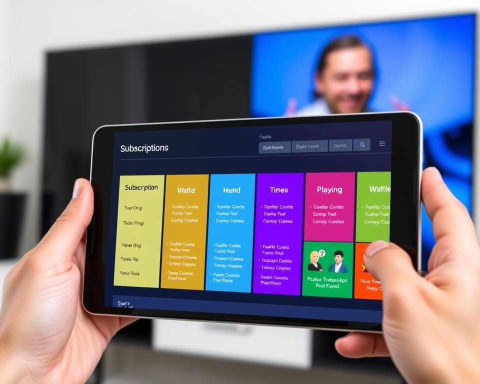 A vibrant and flexible IPTV subscription plan displayed on a sleek, modern device. In the foreground, an array of subscription tiers with customizable options, depicted with clean typography and balanced color schemes. The middle ground showcases the device, a tablet or smartphone, held in a hand, reflecting the adaptability and accessibility of the IPTV service. The background features a blurred, minimalist backdrop, emphasizing the focus on the subscription plans. The overall composition conveys a sense of simplicity, flexibility, and user-centric design, aligning with the section title "Formules d'Abonnement IPTV Adaptées à Vos Besoins". A vibrant and flexible IPTV subscription plan displayed on a sleek, modern device. In the foreground, an array of subscription tiers with customizable options, depicted with clean typography and balanced color schemes. The middle ground showcases the device, a tablet or smartphone, held in a hand, reflecting the adaptability and accessibility of the IPTV service. The background features a blurred, minimalist backdrop, emphasizing the focus on the subscription plans. The overall composition conveys a sense of simplicity, flexibility, and user-centric design, aligning with the section title "Formules d'Abonnement IPTV Adaptées à Vos Besoins".