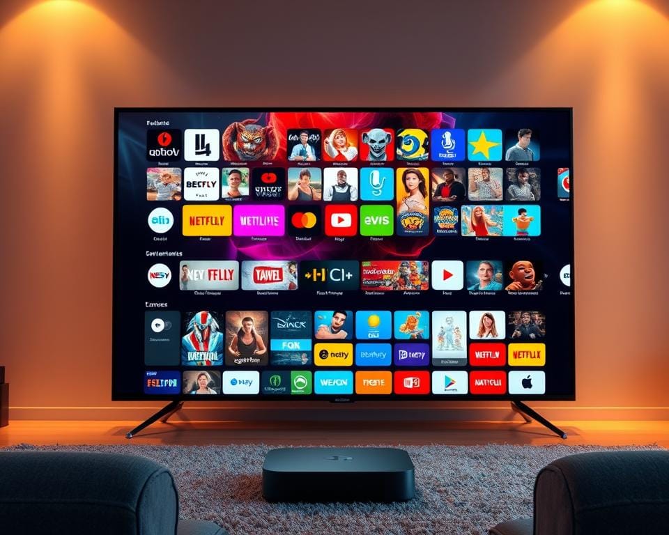 A vibrant, high-definition image of a living room setting, with a large, modern television set prominently displayed in the foreground. The television screen is filled with a variety of colorful and dynamic application icons, representing a diverse range of streaming services and entertainment options. The room is bathed in warm, soft lighting, creating a cozy and inviting atmosphere. In the middle ground, a sleek media streaming device, such as a streaming box or smart TV, is connected to the television, seamlessly integrating the various applications and content. The background features a minimalist, contemporary interior design, with clean lines and neutral tones, allowing the television and its applications to take center stage. The overall scene conveys the idea of a versatile and user-friendly home entertainment system, where a wide array of streaming applications and content are readily accessible. A vibrant, high-definition image of a living room setting, with a large, modern television set prominently displayed in the foreground. The television screen is filled with a variety of colorful and dynamic application icons, representing a diverse range of streaming services and entertainment options. The room is bathed in warm, soft lighting, creating a cozy and inviting atmosphere. In the middle ground, a sleek media streaming device, such as a streaming box or smart TV, is connected to the television, seamlessly integrating the various applications and content. The background features a minimalist, contemporary interior design, with clean lines and neutral tones, allowing the television and its applications to take center stage. The overall scene conveys the idea of a versatile and user-friendly home entertainment system, where a wide array of streaming applications and content are readily accessible.