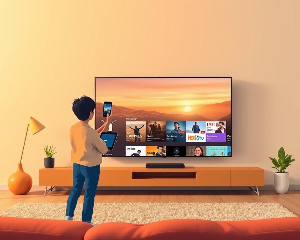 A vibrant illustration showcasing the flexibility of IPTV, set against a modern, minimalist backdrop. In the foreground, a person seamlessly transitioning between a smartphone, tablet, and smart TV, representing the diverse device compatibility of IPTV. The middle ground features an array of on-demand content, live TV channels, and personalized recommendations, highlighting the breadth of IPTV offerings. The background subtly conveys a sense of freedom and control, emphasizing the autonomy IPTV provides over traditional television. Warm, natural lighting casts a welcoming glow, and the overall composition strikes a balance between simplicity and dynamism, visually conveying the advantages of IPTV over conventional TV. A vibrant illustration showcasing the flexibility of IPTV, set against a modern, minimalist backdrop. In the foreground, a person seamlessly transitioning between a smartphone, tablet, and smart TV, representing the diverse device compatibility of IPTV. The middle ground features an array of on-demand content, live TV channels, and personalized recommendations, highlighting the breadth of IPTV offerings. The background subtly conveys a sense of freedom and control, emphasizing the autonomy IPTV provides over traditional television. Warm, natural lighting casts a welcoming glow, and the overall composition strikes a balance between simplicity and dynamism, visually conveying the advantages of IPTV over conventional TV.