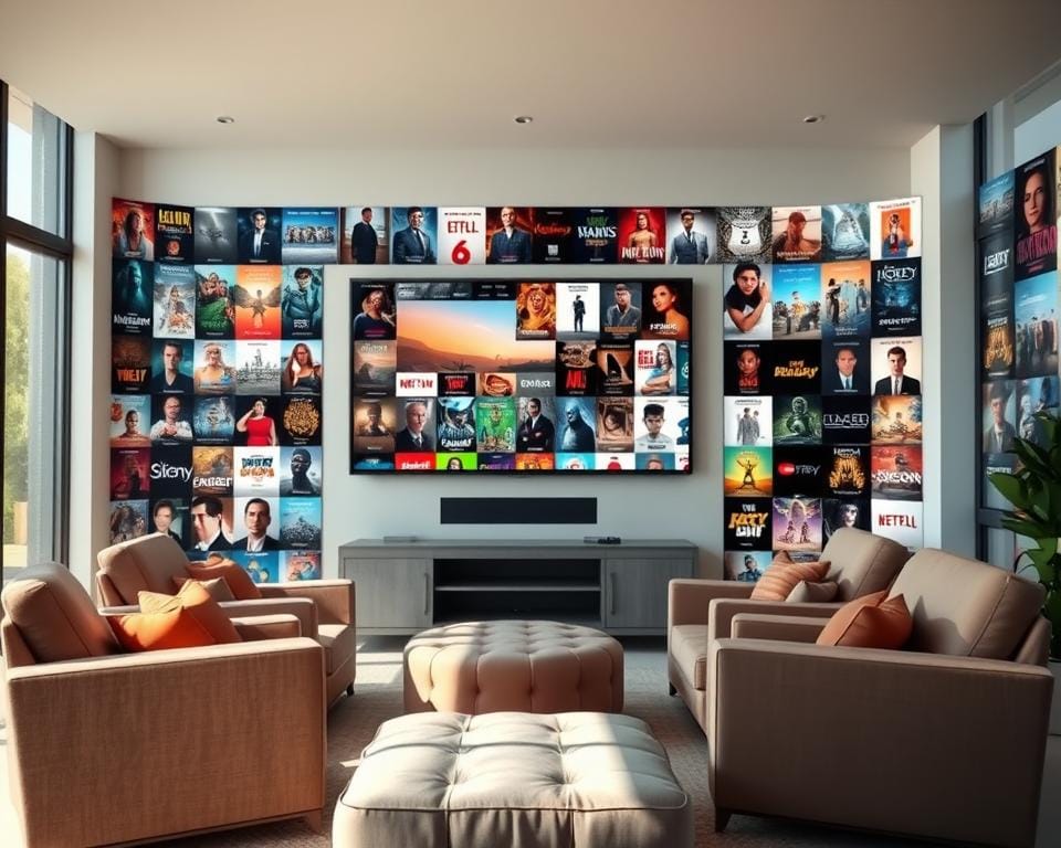 A vibrant, widescreen landscape showcasing a vast, curated selection of entertainment options. In the foreground, a wall-mounted flat-screen TV displays a diverse array of movie posters, TV show thumbnails, and channel logos, representing the limitless content available. The middle ground features plush, comfortable armchairs and ottomans, inviting viewers to immerse themselves in the experience. The background depicts a modern, minimalist living room setting, with large windows allowing natural light to flood the space, creating a warm, cozy atmosphere. The overall scene conveys a sense of abundance, convenience, and the ability to access an unlimited world of films, series, and channels with the touch of a button. A vibrant, widescreen landscape showcasing a vast, curated selection of entertainment options. In the foreground, a wall-mounted flat-screen TV displays a diverse array of movie posters, TV show thumbnails, and channel logos, representing the limitless content available. The middle ground features plush, comfortable armchairs and ottomans, inviting viewers to immerse themselves in the experience. The background depicts a modern, minimalist living room setting, with large windows allowing natural light to flood the space, creating a warm, cozy atmosphere. The overall scene conveys a sense of abundance, convenience, and the ability to access an unlimited world of films, series, and channels with the touch of a button.