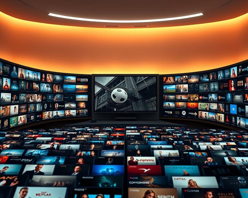 A visually captivating catalog showcasing an exhaustive collection of premium IPTV content. In the foreground, neatly arranged rows of high-definition program thumbnails, each beckoning the viewer to explore the vast selection. The middle ground features a sleek, minimalist interface, bathed in warm, soft lighting that creates an inviting atmosphere. In the background, a subtle gradient sets the stage, hinting at the depth and breadth of the catalog. The overall composition conveys a sense of professionalism, quality, and attention to detail, reflecting the premium nature of the IPTV service. The image should capture the viewer's imagination and compel them to delve deeper into the comprehensive catalog of entertainment options.