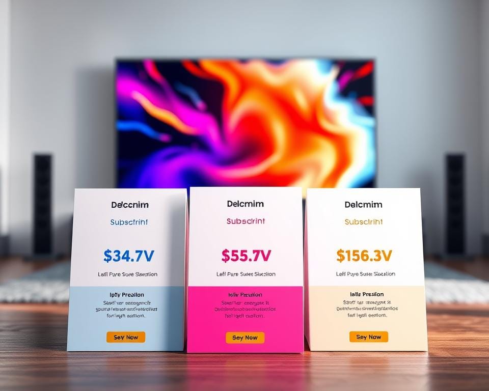 A visually engaging illustration of "Subscription Plans for Premium IPTV" showcasing a sleek and modern design. In the foreground, three distinct IPTV service subscription packages are prominently displayed, each with a clean, minimalist aesthetic featuring bold typography and subtle, complementary color schemes. The middle ground features a dynamic, high-resolution TV screen displaying a vibrant, high-quality live broadcast, conveying the premium viewing experience. The background is softly blurred, creating a sense of depth and focus on the subscription plans. The overall composition is balanced, with careful attention to lighting and camera angle to create a professional, polished appearance suitable for the article's section on "Our Premium IPTV Subscription Plans".