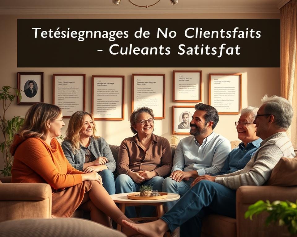 A warm, inviting living room setting with a group of satisfied customers gathered around, engaged in conversation and sharing positive experiences. The room is bathed in soft, natural lighting, creating a cozy and welcoming atmosphere. The customers, dressed in casual, everyday attire, are depicted with genuine expressions of contentment and satisfaction. In the background, a tastefully decorated wall displays framed customer testimonials, further reinforcing the theme of "Témoignages de Nos Clients Satisfaits". The overall scene conveys a sense of trust, reliability, and a strong connection between the brand and its valued customers. A warm, inviting living room setting with a group of satisfied customers gathered around, engaged in conversation and sharing positive experiences. The room is bathed in soft, natural lighting, creating a cozy and welcoming atmosphere. The customers, dressed in casual, everyday attire, are depicted with genuine expressions of contentment and satisfaction. In the background, a tastefully decorated wall displays framed customer testimonials, further reinforcing the theme of "Témoignages de Nos Clients Satisfaits". The overall scene conveys a sense of trust, reliability, and a strong connection between the brand and its valued customers.