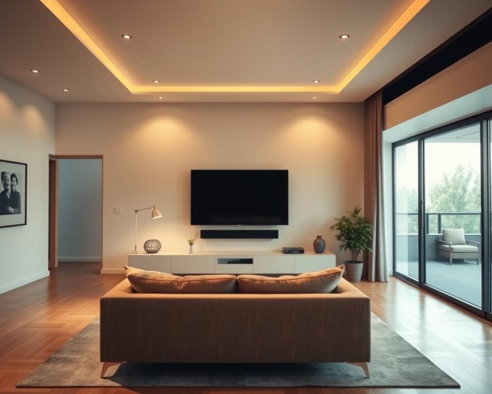 A well-lit, modern living room interior with a large flatscreen TV mounted on the wall. The room has tasteful, minimalist decor with neutral tones and clean lines. A comfortable-looking sofa sits in the foreground, facing the TV. The lighting is warm and inviting, creating a cozy atmosphere. Large windows in the background allow natural light to flood the space. The room has a sleek, high-tech feel, hinting at the advanced capabilities of the Room IPTV system. The overall scene conveys the advantages of a premium IPTV service for enjoying television content in a luxurious, home setting. A well-lit, modern living room interior with a large flatscreen TV mounted on the wall. The room has tasteful, minimalist decor with neutral tones and clean lines. A comfortable-looking sofa sits in the foreground, facing the TV. The lighting is warm and inviting, creating a cozy atmosphere. Large windows in the background allow natural light to flood the space. The room has a sleek, high-tech feel, hinting at the advanced capabilities of the Room IPTV system. The overall scene conveys the advantages of a premium IPTV service for enjoying television content in a luxurious, home setting.