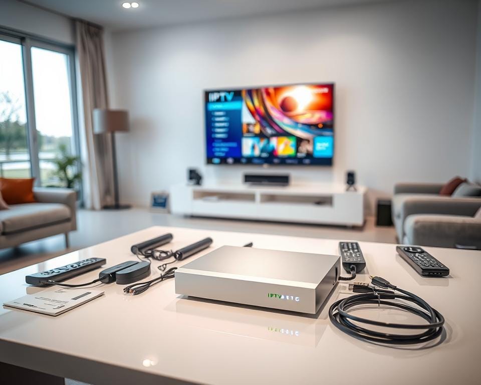 A well-lit room with a modern, minimalist design. In the foreground, a sleek, silver IPTV installation device sits on a glossy, white table, its LED indicators softly glowing. Surrounding it, various remote controls, cables, and setup manuals are neatly arranged, suggesting a straightforward installation process. The middle ground features a large, high-definition television mounted on the wall, its display showing a vibrant, dynamic IPTV interface. The background showcases a clean, spacious environment with large windows allowing natural light to flood the space, creating a warm and inviting atmosphere. A well-lit room with a modern, minimalist design. In the foreground, a sleek, silver IPTV installation device sits on a glossy, white table, its LED indicators softly glowing. Surrounding it, various remote controls, cables, and setup manuals are neatly arranged, suggesting a straightforward installation process. The middle ground features a large, high-definition television mounted on the wall, its display showing a vibrant, dynamic IPTV interface. The background showcases a clean, spacious environment with large windows allowing natural light to flood the space, creating a warm and inviting atmosphere.