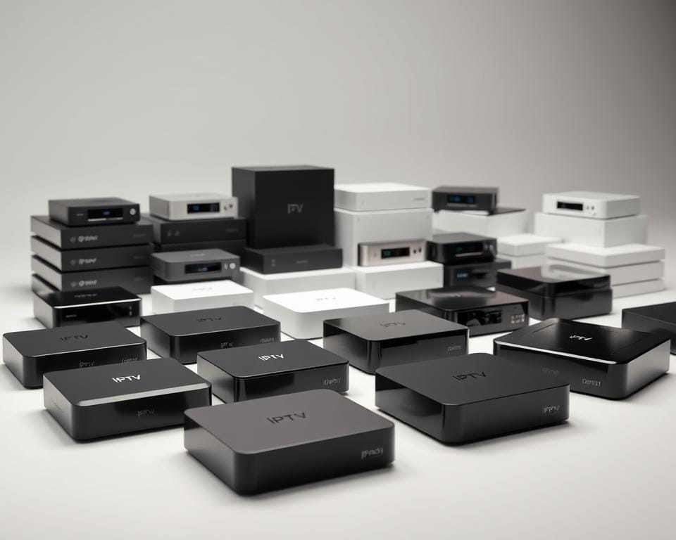 A well-lit studio scene showcasing an array of IPTV set-top boxes in various shapes and sizes. The boxes are displayed on a clean, minimalist surface, allowing their distinct designs and features to take center stage. The foreground features a range of contemporary, sleek models with clean lines and subtle branding, while the middle ground showcases a variety of shapes and sizes, including both traditional cuboid forms and more angular, modernist designs. The background subtly hints at the technological nature of the products, with a softly blurred backdrop of circuit boards or digital displays. The overall atmosphere is one of sophistication and attention to detail, capturing the diversity and evolution of the IPTV hardware market. A well-lit studio scene showcasing an array of IPTV set-top boxes in various shapes and sizes. The boxes are displayed on a clean, minimalist surface, allowing their distinct designs and features to take center stage. The foreground features a range of contemporary, sleek models with clean lines and subtle branding, while the middle ground showcases a variety of shapes and sizes, including both traditional cuboid forms and more angular, modernist designs. The background subtly hints at the technological nature of the products, with a softly blurred backdrop of circuit boards or digital displays. The overall atmosphere is one of sophistication and attention to detail, capturing the diversity and evolution of the IPTV hardware market.