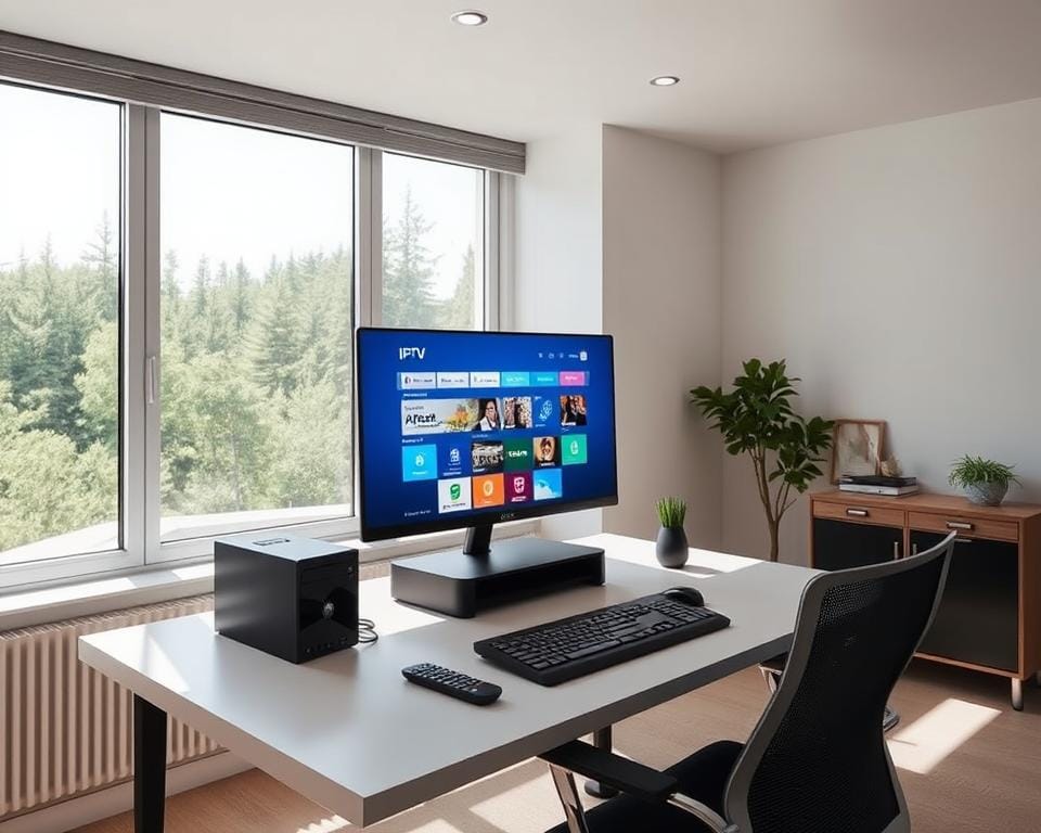 Activation abonnement Room IPTV: a modern, minimalist workspace with a sleek, high-tech aesthetic. Sunlight streams through large windows, illuminating a minimalist desk setup with a high-end desktop computer, a compact remote control, and a crisp, high-definition display showcasing the IPTV interface. The room has a calming, professional atmosphere, with subtle, indirect lighting and clean, contemporary furnishings. The focus is on the seamless integration of technology and user experience, inviting the viewer to imagine the ease of setting up and accessing a robust IPTV subscription. Activation abonnement Room IPTV: a modern, minimalist workspace with a sleek, high-tech aesthetic. Sunlight streams through large windows, illuminating a minimalist desk setup with a high-end desktop computer, a compact remote control, and a crisp, high-definition display showcasing the IPTV interface. The room has a calming, professional atmosphere, with subtle, indirect lighting and clean, contemporary furnishings. The focus is on the seamless integration of technology and user experience, inviting the viewer to imagine the ease of setting up and accessing a robust IPTV subscription.