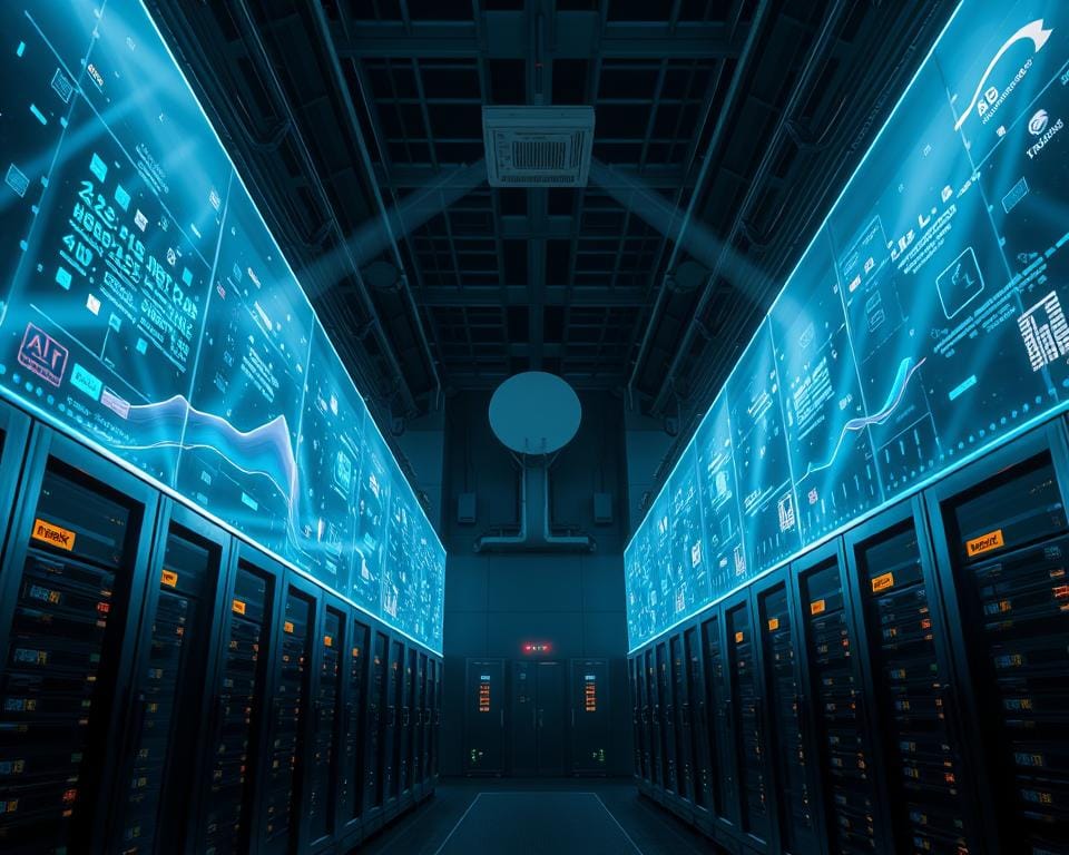 An advanced 4K IPTV infrastructure, data centers housing powerful servers, high-speed fiber optic cables, and satellite dishes in the background. Glowing holographic displays show real-time data visualizations, with sleek, minimalist design. The overall scene conveys a sense of technological sophistication, efficiency, and scale required to deliver ultra-high-definition video streaming to households. Dramatic cinematic lighting, with rays of light piercing through a dark, moody atmosphere. The camera angle provides a sweeping, panoramic view to capture the grandeur and complexity of the IPTV network.