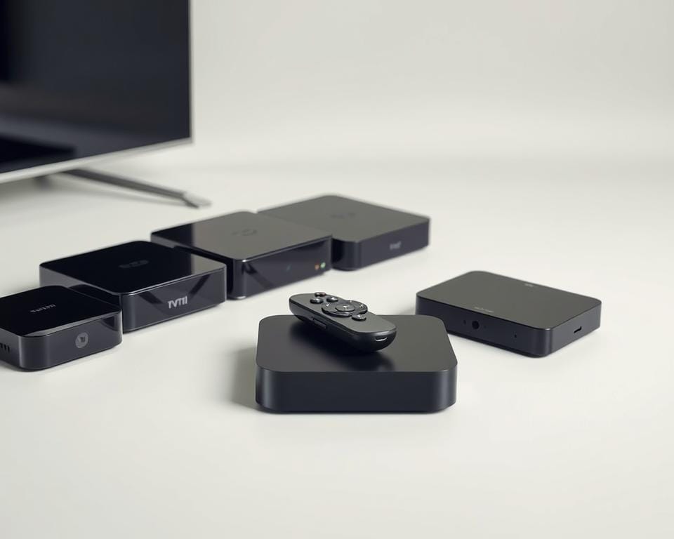 An image of various streaming devices and smart TVs, arranged neatly against a clean, minimalist background. The devices should be shown in high detail, capturing their distinctive shapes, textures, and colors - sleek black boxes, rounded remotes, and glossy screens. The lighting should be soft and diffused, creating a sense of harmony and balance. The overall composition should convey a sense of technological sophistication and compatibility, reflecting the "appareil streaming compatible" concept. The mood should be professional, modern, and informative, suitable for an educational article section. An image of various streaming devices and smart TVs, arranged neatly against a clean, minimalist background. The devices should be shown in high detail, capturing their distinctive shapes, textures, and colors - sleek black boxes, rounded remotes, and glossy screens. The lighting should be soft and diffused, creating a sense of harmony and balance. The overall composition should convey a sense of technological sophistication and compatibility, reflecting the "appareil streaming compatible" concept. The mood should be professional, modern, and informative, suitable for an educational article section.