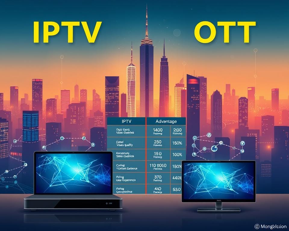 Comparaison avantages services streaming A detailed side-by-side illustration depicting the key advantages of IPTV and OTT streaming services. In the foreground, sleek modern devices representing each service, with their distinct features and capabilities highlighted. The middle ground showcases a visual matrix comparing metrics like video quality, content selection, pricing, and user experience. In the background, a stylized cityscape with towering skyscrapers and glowing digital networks, conveying the technological sophistication of these platforms. The overall mood is one of informed decision-making, with a balance of analytical clarity and visual appeal to effectively communicate the comparative benefits. Comparaison avantages services streaming A detailed side-by-side illustration depicting the key advantages of IPTV and OTT streaming services. In the foreground, sleek modern devices representing each service, with their distinct features and capabilities highlighted. The middle ground showcases a visual matrix comparing metrics like video quality, content selection, pricing, and user experience. In the background, a stylized cityscape with towering skyscrapers and glowing digital networks, conveying the technological sophistication of these platforms. The overall mood is one of informed decision-making, with a balance of analytical clarity and visual appeal to effectively communicate the comparative benefits.