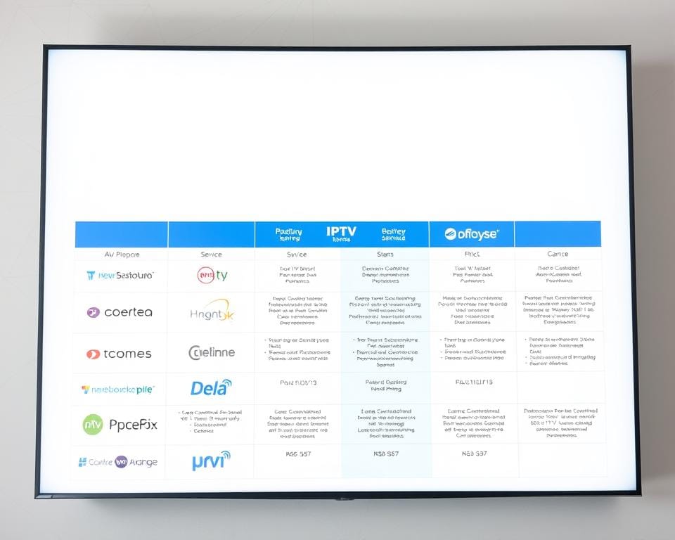 Comparatif services IPTV marché: A detailed comparison of various IPTV service offerings in a minimalist, data-driven layout. Crisp white background with muted blue and gray accents. In the foreground, a grid of service logos and pricing information. In the middle, a comparative chart highlighting key features and capabilities. In the background, a subtle wireframe grid pattern, suggesting a technical, analytical style. Soft, even lighting casts a professional, authoritative tone. The overall mood is one of clarity, objectivity, and informed decision-making. Comparatif services IPTV marché: A detailed comparison of various IPTV service offerings in a minimalist, data-driven layout. Crisp white background with muted blue and gray accents. In the foreground, a grid of service logos and pricing information. In the middle, a comparative chart highlighting key features and capabilities. In the background, a subtle wireframe grid pattern, suggesting a technical, analytical style. Soft, even lighting casts a professional, authoritative tone. The overall mood is one of clarity, objectivity, and informed decision-making.