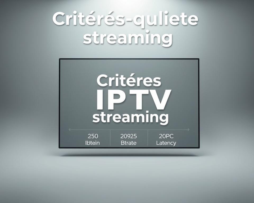 Detailed, high-quality image of "Critères qualité streaming" for an IPTV provider article. Crisp 4K rendering with a clean, modern aesthetic. Centered composition showcasing key quality metrics like resolution, bitrate, codec, and latency, presented in a sleek infographic-style layout. Subtle gradient background in muted, professional tones. Bright, evenly-distributed lighting from multiple angles to highlight the information. Slightly elevated camera angle to create an authoritative, informative perspective. No distracting elements, just a concise, visually compelling illustration of essential IPTV quality criteria. Detailed, high-quality image of "Critères qualité streaming" for an IPTV provider article. Crisp 4K rendering with a clean, modern aesthetic. Centered composition showcasing key quality metrics like resolution, bitrate, codec, and latency, presented in a sleek infographic-style layout. Subtle gradient background in muted, professional tones. Bright, evenly-distributed lighting from multiple angles to highlight the information. Slightly elevated camera angle to create an authoritative, informative perspective. No distracting elements, just a concise, visually compelling illustration of essential IPTV quality criteria.