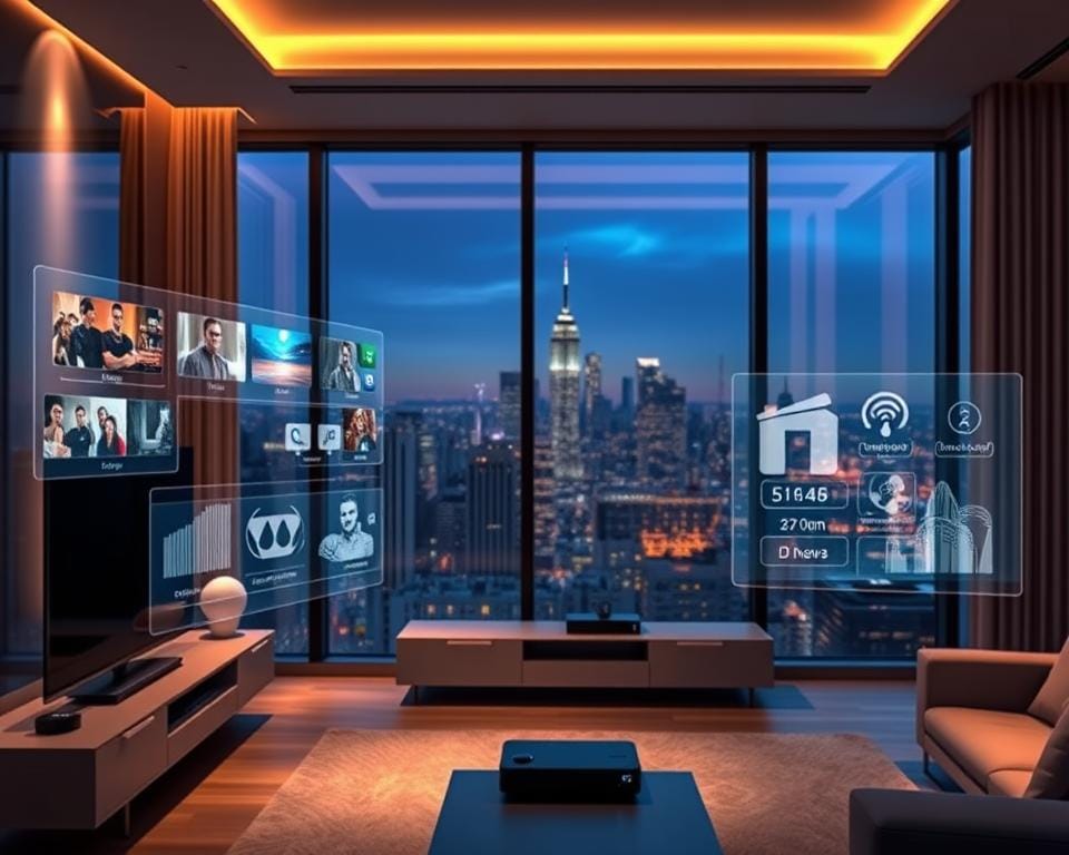 Detailed image of exclusive IPTV premium features. A modern, sleek apartment interior with large windows overlooking a city skyline. In the foreground, a minimalist entertainment center with a high-end TV and streaming device. Floating holographic interfaces showcase the premium IPTV service's offerings - live channels, on-demand content, smart home integration. Soft, warm lighting accentuates the luxurious atmosphere. In the background, a panoramic city view with skyscrapers and twinkling lights. The overall scene conveys the sophisticated, high-end experience of Foxx IPTV Premium. Detailed image of exclusive IPTV premium features. A modern, sleek apartment interior with large windows overlooking a city skyline. In the foreground, a minimalist entertainment center with a high-end TV and streaming device. Floating holographic interfaces showcase the premium IPTV service's offerings - live channels, on-demand content, smart home integration. Soft, warm lighting accentuates the luxurious atmosphere. In the background, a panoramic city view with skyscrapers and twinkling lights. The overall scene conveys the sophisticated, high-end experience of Foxx IPTV Premium.