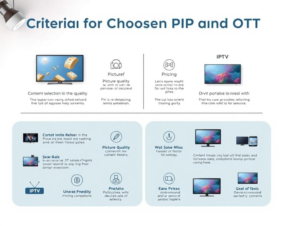 Detailed infographic depicting the key factors to consider when choosing between IPTV and OTT streaming services. A clean, modern layout with icons and data visualization elements. Crisp, high-resolution imagery showcasing the comparative advantages of each technology in terms of content selection, picture quality, pricing, and device compatibility. The overall visual style should be professional and informative, guiding the viewer through the decision-making process. Soft, neutral lighting from the upper left, capturing the subject matter with a subtle sense of depth and dimension. Minimal use of text, allowing the visual elements to clearly communicate the central "Criteria for Choosing Between IPTV and OTT" concept. Detailed infographic depicting the key factors to consider when choosing between IPTV and OTT streaming services. A clean, modern layout with icons and data visualization elements. Crisp, high-resolution imagery showcasing the comparative advantages of each technology in terms of content selection, picture quality, pricing, and device compatibility. The overall visual style should be professional and informative, guiding the viewer through the decision-making process. Soft, neutral lighting from the upper left, capturing the subject matter with a subtle sense of depth and dimension. Minimal use of text, allowing the visual elements to clearly communicate the central "Criteria for Choosing Between IPTV and OTT" concept.