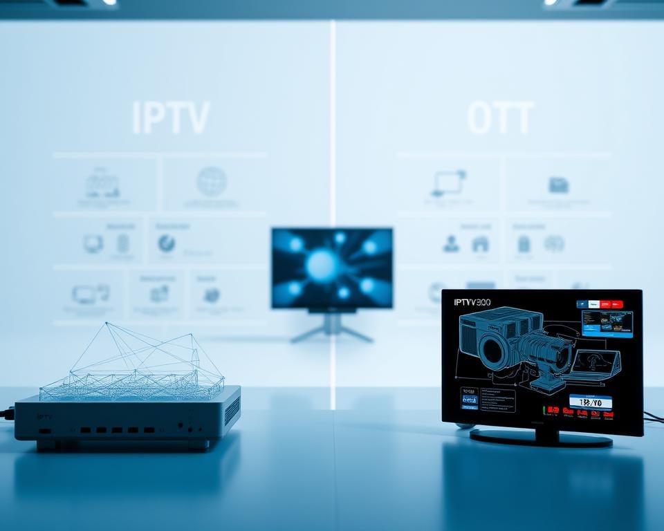Detailed side-by-side comparison of IPTV and OTT technologies. In the foreground, a clear visualization of the fundamental differences - IPTV relying on a dedicated network infrastructure, while OTT utilizes the open internet. The middle ground showcases the contrasting content delivery methods, with IPTV's controlled environment juxtaposed against OTT's open access. In the background, a sleek, minimalist design highlighting the technical specifications and capabilities of each system. Lighting is crisp and evenly distributed, with a slightly cool color palette to convey the technological nature of the subject. The overall composition strikes a balance between technical precision and visual appeal, designed to educate and inform the reader. Detailed side-by-side comparison of IPTV and OTT technologies. In the foreground, a clear visualization of the fundamental differences - IPTV relying on a dedicated network infrastructure, while OTT utilizes the open internet. The middle ground showcases the contrasting content delivery methods, with IPTV's controlled environment juxtaposed against OTT's open access. In the background, a sleek, minimalist design highlighting the technical specifications and capabilities of each system. Lighting is crisp and evenly distributed, with a slightly cool color palette to convey the technological nature of the subject. The overall composition strikes a balance between technical precision and visual appeal, designed to educate and inform the reader.