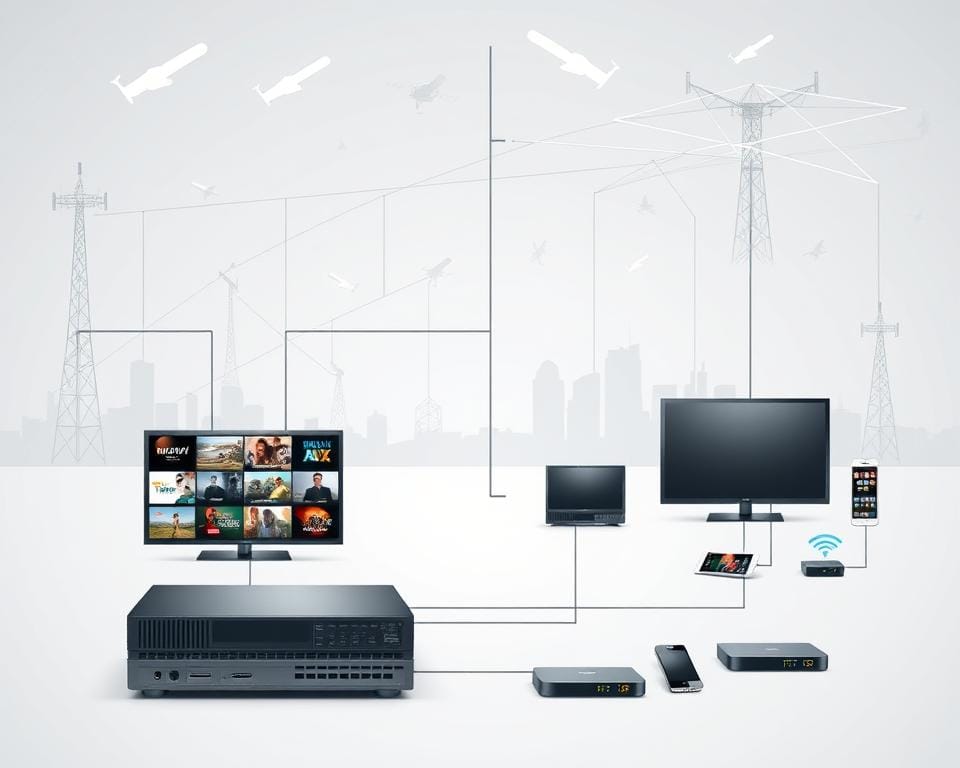 Detailed technical diagram depicting the inner workings of an IPTV system. In the foreground, a central server hosting various streaming channels, connected to a router and modem. In the middle ground, several client devices like smart TVs, set-top boxes, and mobile phones receiving the IPTV signal wirelessly or via ethernet. In the background, a network of internet infrastructure including cell towers, satellites, and fiber optic cables enabling the reliable delivery of IPTV content. Smooth, clean lines and muted colors convey a sense of simplicity and efficiency. Crisp, high-resolution imagery highlights the complex yet elegant nature of modern IPTV technology. Detailed technical diagram depicting the inner workings of an IPTV system. In the foreground, a central server hosting various streaming channels, connected to a router and modem. In the middle ground, several client devices like smart TVs, set-top boxes, and mobile phones receiving the IPTV signal wirelessly or via ethernet. In the background, a network of internet infrastructure including cell towers, satellites, and fiber optic cables enabling the reliable delivery of IPTV content. Smooth, clean lines and muted colors convey a sense of simplicity and efficiency. Crisp, high-resolution imagery highlights the complex yet elegant nature of modern IPTV technology.