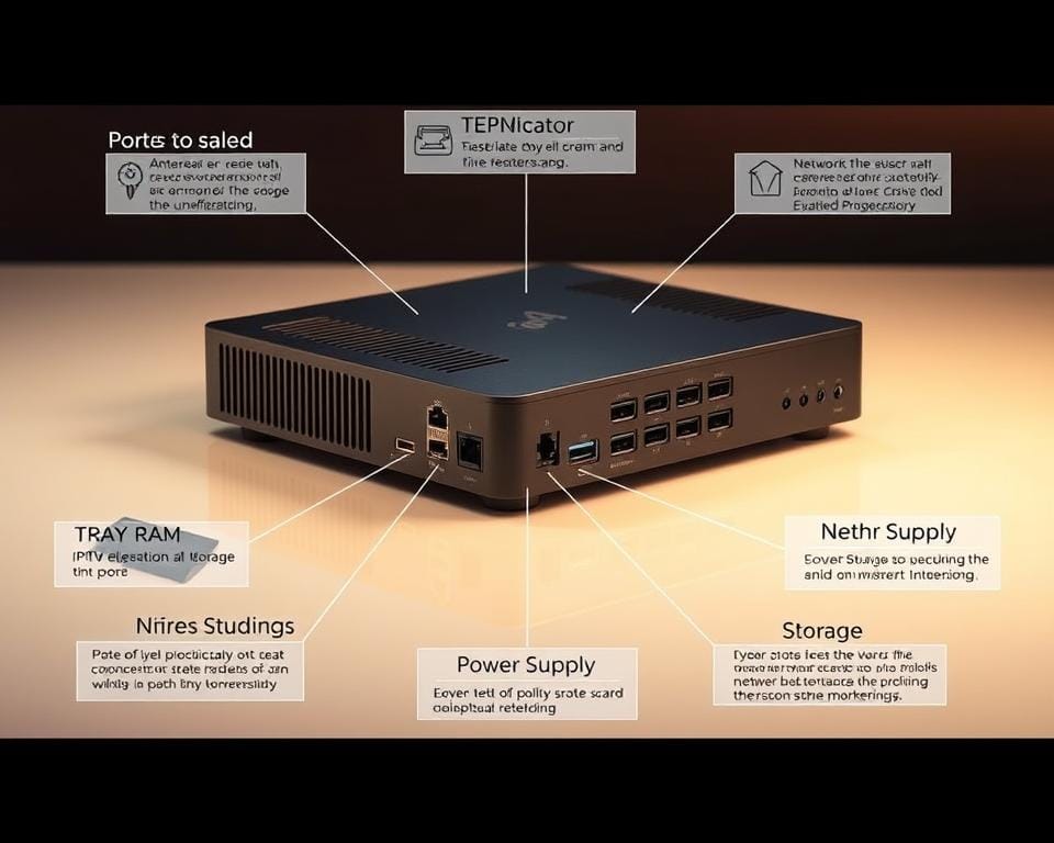 Detailed technical illustration of an IPTV set-top box showcasing its key features. Sleek, modern design with clean lines and minimal aesthetic. Prominently displayed in the center, the main body of the device with various ports, connectors, and ventilation grilles visible. Surrounding it, detailed callouts pointing to specific components like the processor, RAM, storage, network interfaces, and power supply. Warm, neutral lighting illuminates the scene, highlighting the materials and textures. Crisp, high-resolution photography with a shallow depth of field, emphasizing the technical nature of the subject matter. Detailed technical illustration of an IPTV set-top box showcasing its key features. Sleek, modern design with clean lines and minimal aesthetic. Prominently displayed in the center, the main body of the device with various ports, connectors, and ventilation grilles visible. Surrounding it, detailed callouts pointing to specific components like the processor, RAM, storage, network interfaces, and power supply. Warm, neutral lighting illuminates the scene, highlighting the materials and textures. Crisp, high-resolution photography with a shallow depth of field, emphasizing the technical nature of the subject matter.