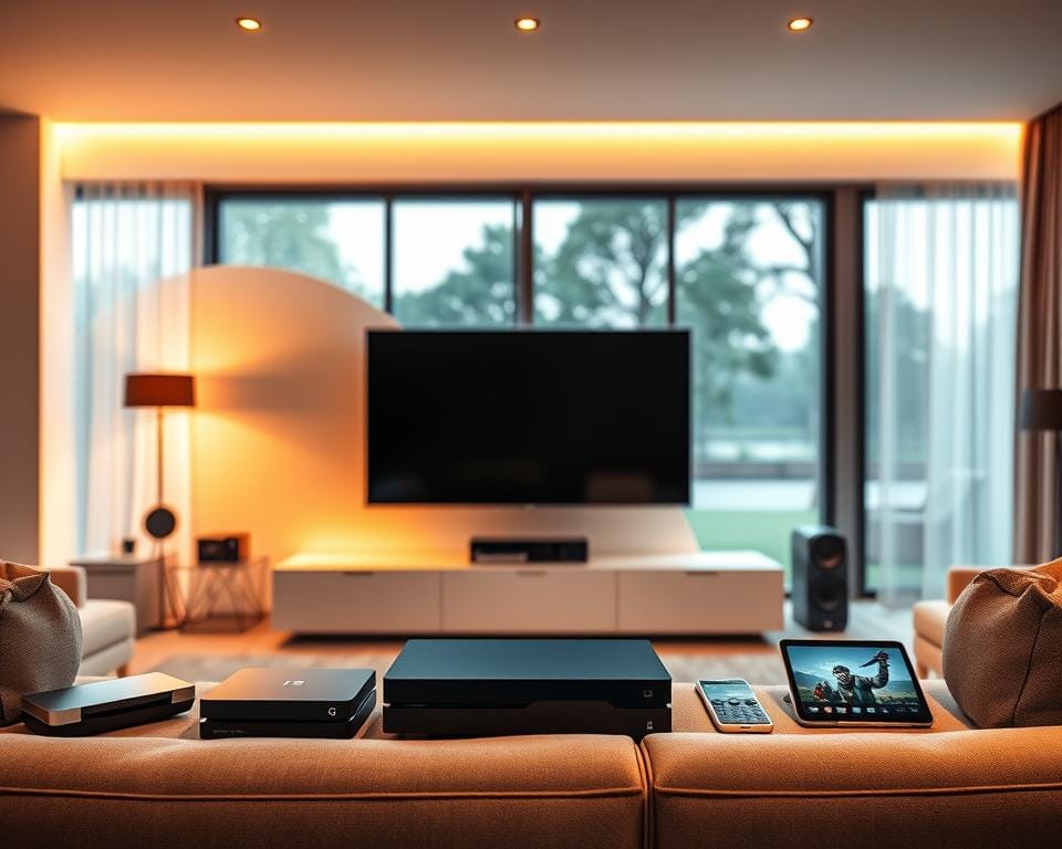 Prompt A sleek, modern living room with an array of electronic devices seamlessly integrated. In the foreground, a state-of-the-art television set takes center stage, surrounded by a range of compatible devices - a gaming console, a streaming box, a smartphone, and a tablet, all connected and ready to provide a unified viewing experience. The scene is bathed in warm, soft lighting, creating a cozy and inviting ambiance. The middle ground features a minimalist entertainment unit, its clean lines and neutral tones complementing the overall aesthetic. In the background, a large window offers a glimpse of a tranquil outdoor setting, blending the indoor and outdoor spaces harmoniously. The overall composition conveys a sense of technological integration, seamless connectivity, and a comfortable, modern living environment. Prompt A sleek, modern living room with an array of electronic devices seamlessly integrated. In the foreground, a state-of-the-art television set takes center stage, surrounded by a range of compatible devices - a gaming console, a streaming box, a smartphone, and a tablet, all connected and ready to provide a unified viewing experience. The scene is bathed in warm, soft lighting, creating a cozy and inviting ambiance. The middle ground features a minimalist entertainment unit, its clean lines and neutral tones complementing the overall aesthetic. In the background, a large window offers a glimpse of a tranquil outdoor setting, blending the indoor and outdoor spaces harmoniously. The overall composition conveys a sense of technological integration, seamless connectivity, and a comfortable, modern living environment.