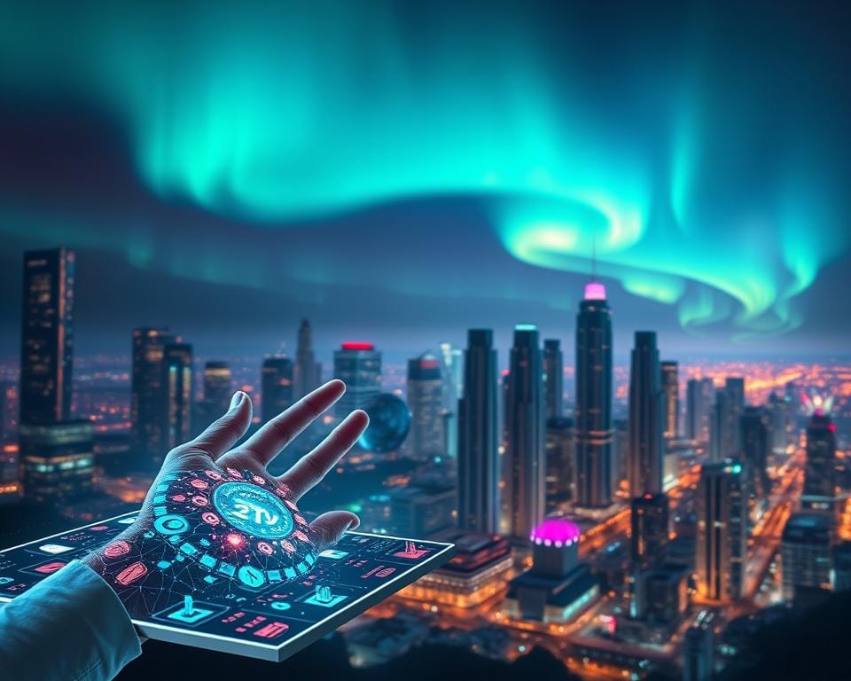 Tendances futures streaming A visually stunning and futuristic landscape showcasing the evolution of IPTV technology. In the foreground, a sleek, holographic interface displays a kaleidoscope of streaming content, controlled by intuitive hand gestures. The middle ground features a cityscape of towering, glowing skyscrapers, their windows reflecting the dynamic data flows powering the next generation of entertainment. In the background, a vibrant aurora borealis dances across a darkened sky, hinting at the boundless possibilities of the digital age. Soft, directional lighting illuminates the scene, creating a sense of depth and technological wonder. The overall mood is one of progress, innovation, and the boundless future of media consumption. Tendances futures streaming A visually stunning and futuristic landscape showcasing the evolution of IPTV technology. In the foreground, a sleek, holographic interface displays a kaleidoscope of streaming content, controlled by intuitive hand gestures. The middle ground features a cityscape of towering, glowing skyscrapers, their windows reflecting the dynamic data flows powering the next generation of entertainment. In the background, a vibrant aurora borealis dances across a darkened sky, hinting at the boundless possibilities of the digital age. Soft, directional lighting illuminates the scene, creating a sense of depth and technological wonder. The overall mood is one of progress, innovation, and the boundless future of media consumption.